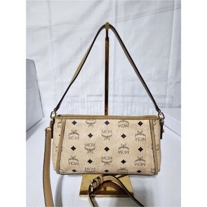 Authentic MCM Visetos Leather Crossbody Bag Beige